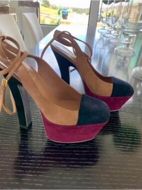 Yves Saint Laurent Suede Colorblock Platform Slingbacks - Brown, Navy & Magenta